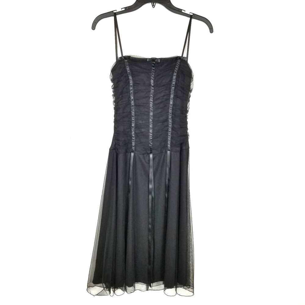 B.Smart Women Satin Mesh Drapped Dress Y2K‎ Sz 7/8 Black Midi Spaghetti Straps